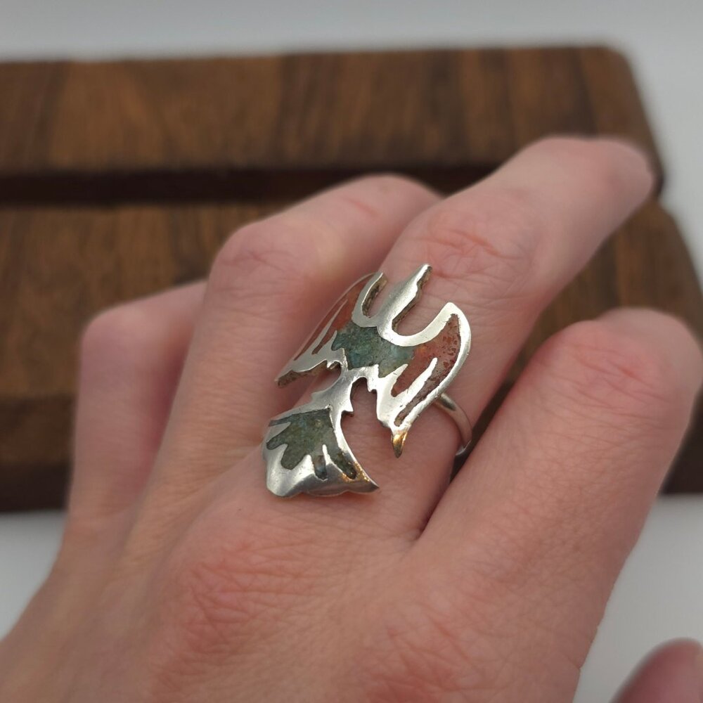 Size 9 Sterling Silver Native Turquoise And Coral Bird Band Ring A301 - Picture 2 of 7